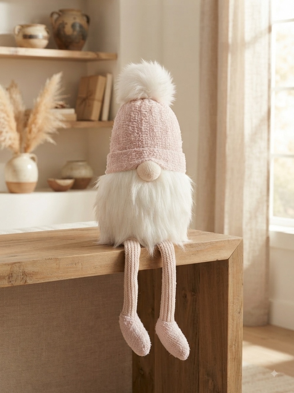 Pink Beanie Sitting Gnome Holiday Shelf Sitter Decor 27”